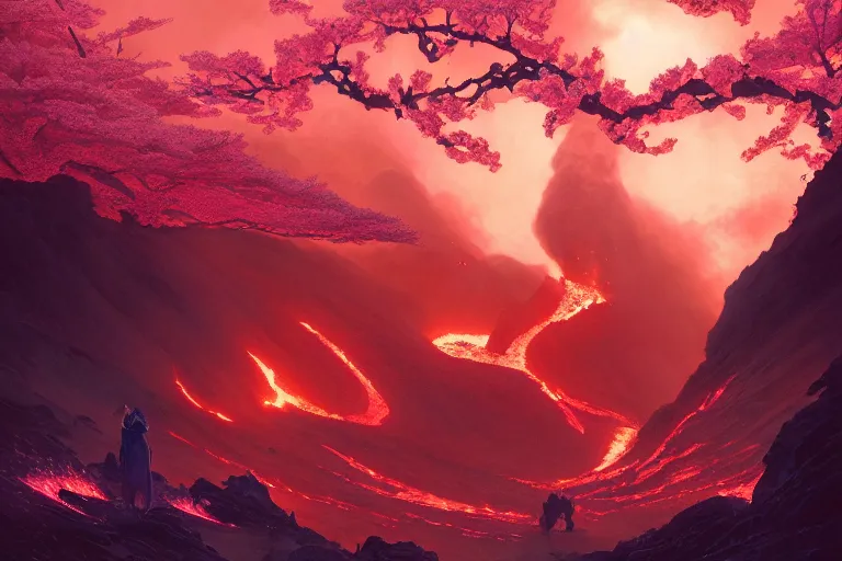 Image similar to lava, volcano eruption, cherry blossoms, unreal engine, fantasy art by greg rutkowski, loish, rhads, ferdinand knab, makoto shinkai and lois van baarle, ilya kuvshinov, rossdraws, tom bagshaw, global illumination, radiant light, detailed and intricate environment