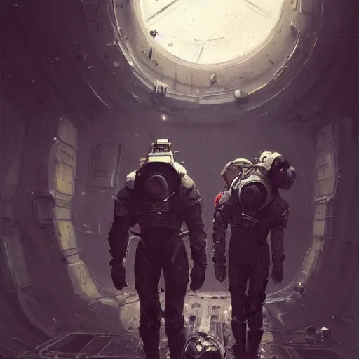 Image similar to concept art by greg rutkowski, three people wearing futuristic space suits, exploring the interior of an abandoned space station, brutalist futuristic interior, dark lighting atmosphere, detailed portraits, scary atmosphere, scifi, digital painting, artstation, concept art, smooth, sharp foccus ilustration, artstation hq