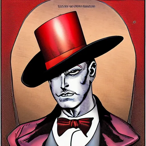 Image similar to portrait of a steampunk cyborg gentleman wearing a red top hat by Brian Bolland