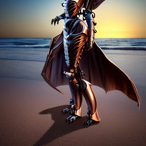 Image similar to full body pose, realistic detailed stunning beautiful anthropomorphic robot female dragoness, doing an elegant pose with hand on hip, looking to the side, sleek streamlined armor and design, sharp claws, sleek head, long tail, standing on two legs, wearing a fabric cloak that blows in the wind from behind, on the beach during sunset, high quality, cinematic art, sunset lighting, artstation, deviantart, furaffinity