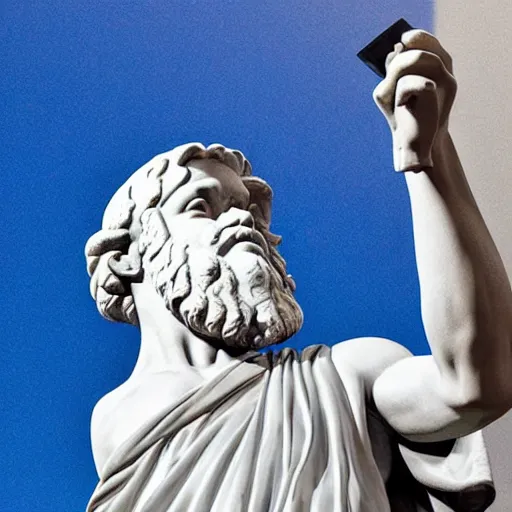 Image similar to a statue of socrates wearing a vr headset looking up towards the stars, award-winning art