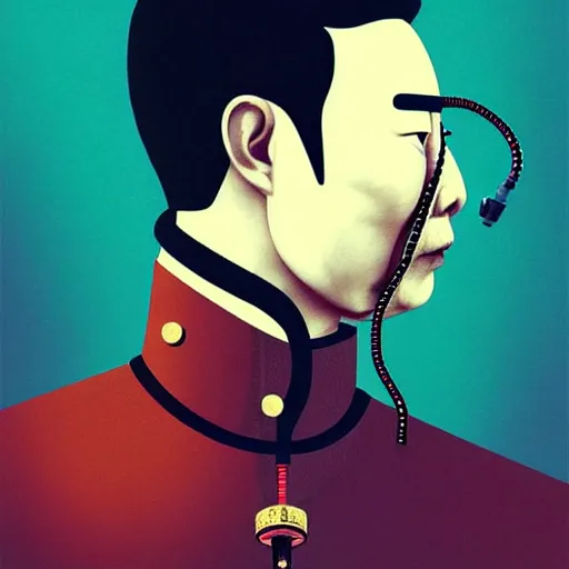 Image similar to portrait of a chinese man :: side profile :: oxygen mask :: clockwork implant :: intricate details :: 8k :: by vikings and Sandra Chevrier