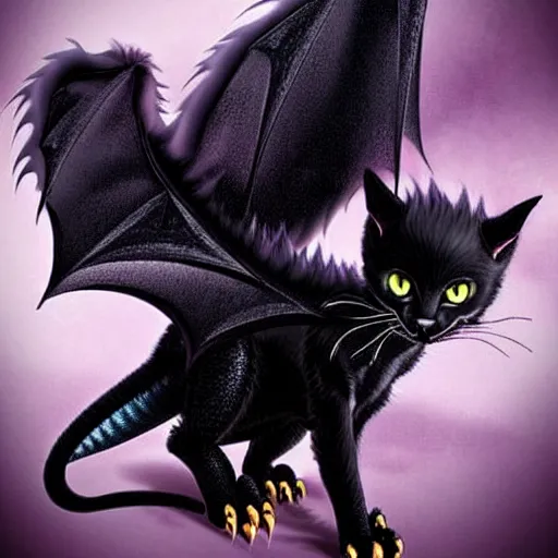 Image similar to an crossbreed between a dragon and a cat, black fur, black wings, fantastic animal, magical, very cute, adorable, charming, amazing details, bright colors, ultra high definition, photo, professional,