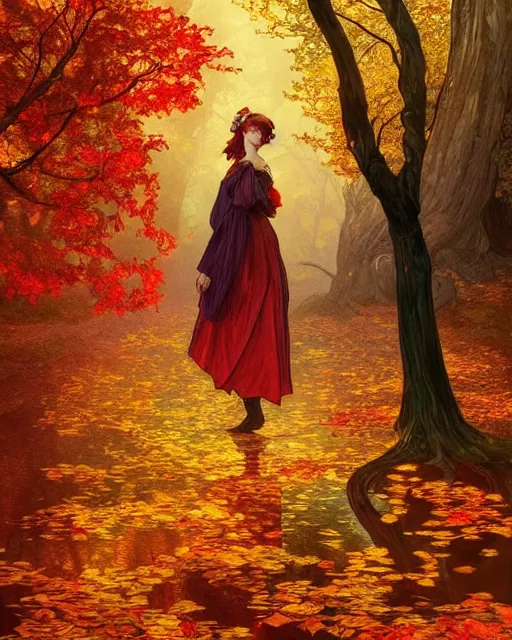 Image similar to Golden autumn, Spreads out Spreads out the leaves, Colorful leaves are lying on the ground, colorful autumn trees, red-yellow colors, falling leaves, D&D, fantasy, intricate, elegant, highly detailed, digital painting, artstation, concept art, matte, sharp focus, illustration, art by Artgerm and Greg Rutkowski and Alphonse Mucha, masterpiece, stunning, artstation