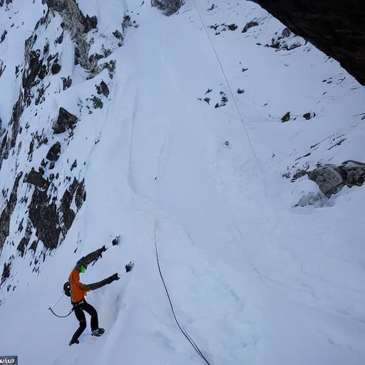 Prompt: two climbers trying to climb to the top of the world with an avalanche that sweeps them away , photo