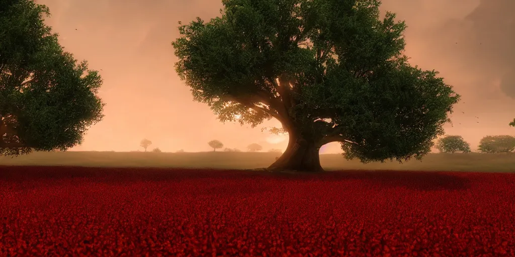 Image similar to a single big red tree in the middle of a battlefield near a bunch of red flowers at sunrise, hyperrealistic, concept art, octane render, unreal engine 5, trending on Artstation, high quality, 8K, dramatic lighting, cinematic, high coherence, highly detailed, Midjourney style, epic scene, path traced, low contrast, complementary colors