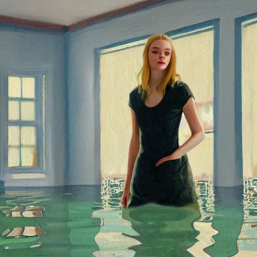 Prompt: painting of Elle Fanning in a flooded house interior, precisionism style