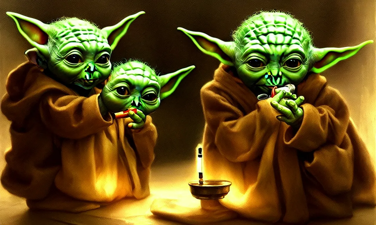 Image similar to Baby yoda smoking a crack pipe at night in a dark corner, intricate, elegant, sharp focus, illustration, highly detailed, digital painting, concept art, matte, art by WLOP and Artgerm and Greg Rutkowski and Alphonse Mucha, masterpiece