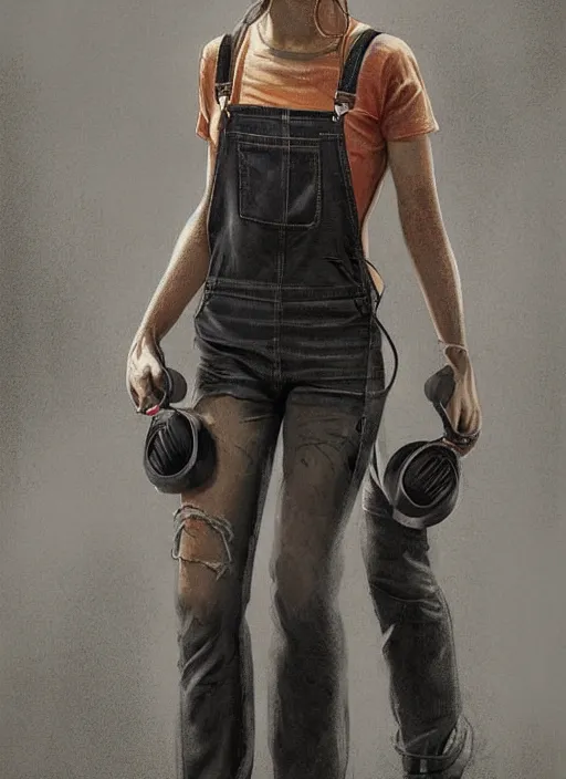 Image similar to digital _ painting _ of _ girl with headphones, overalls, combat boots _ by _ filipe _ pagliuso _ and _ justin _ gerard _ symmetric _ fantasy _ highly _ detailed _ realistic _ intricate _ port