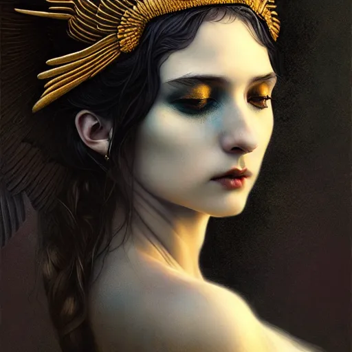 Image similar to young goddess of crows, unusual sublime beauty, emotionally evoking symbolic metaphors, head in focus, fantasy, ornamental, intricate, elegant, sensual, highly detailed digital painting, artstation, concept art, painterly, golden ratio, sharp focus, illustration, art by John Collier and Krenz Cushart and Artem Demura and and Greg Rutkowski and Alphonse Mucha and Albert Aublet