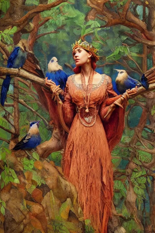 Prompt: the queen of the forest with her birds, by Annie Swynnerton and Nicholas Roerich, elaborately costumed, rich color, dramatic cinematic lighting, smooth, sharp focus, extremely detailed, featured on artstation