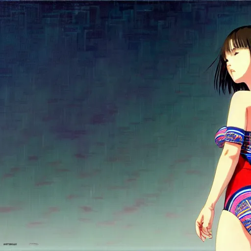 Image similar to a beautiful plus sized model japanese natalie portman, alluring, wearing mayan leotard with overalls, street fashion hip hop style with mayan patterns, aztec street fashion, gapmoe yandere grimdark, trending on pixiv fanbox, painted by greg rutkowski makoto shinkai takashi takeuchi studio ghibli, akihiko yoshida