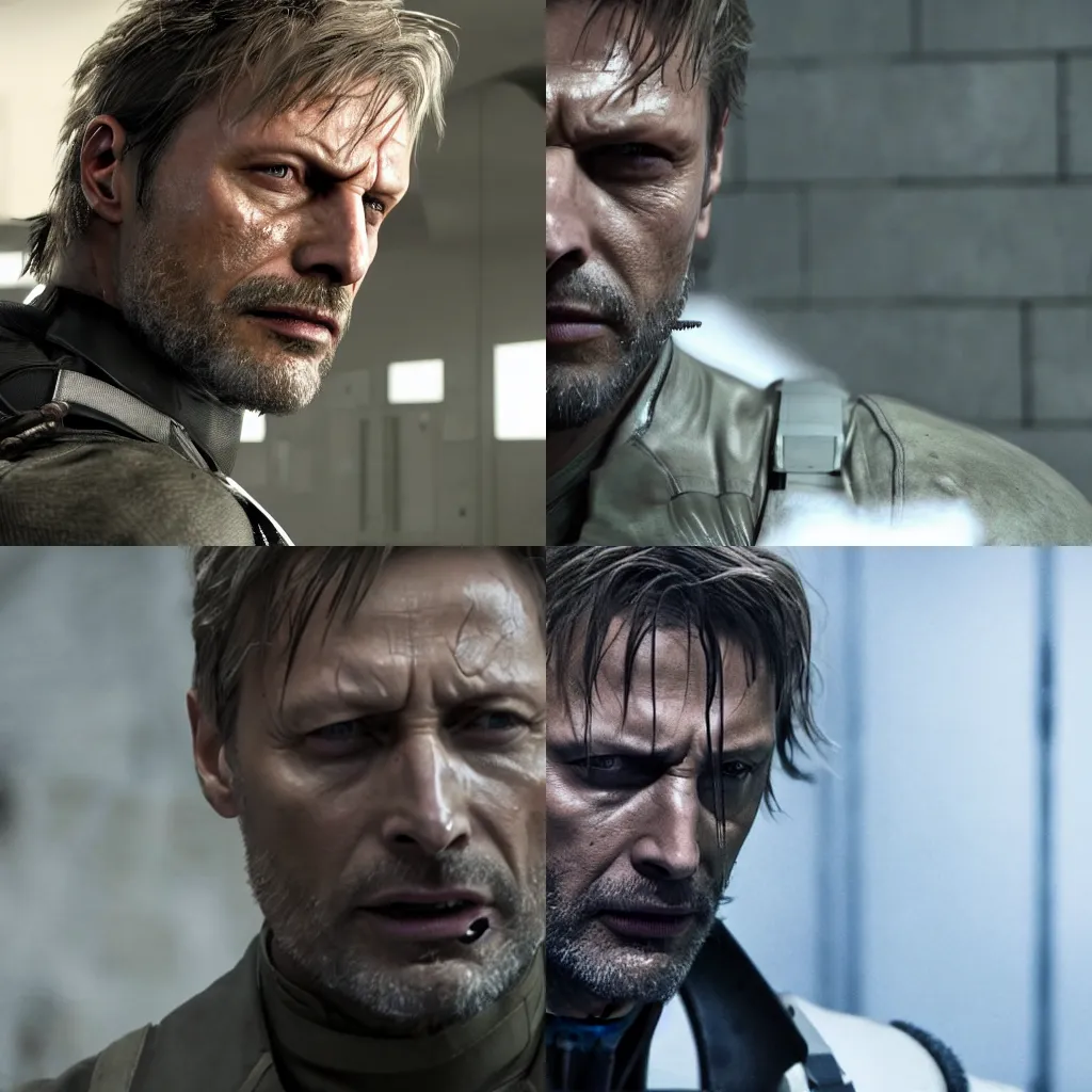 Prompt: Mads Mikkelsen as Solid Snake in Metal Gear Solid (2022), high quality 4k