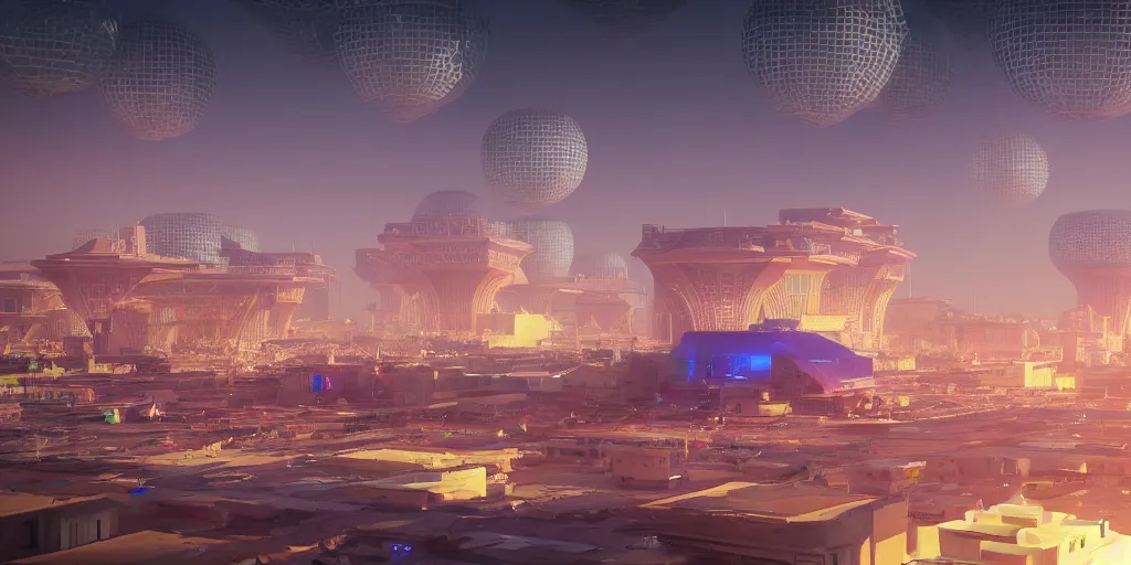 Image similar to Futuristic Marrakech Morocco, in the style of beeple and Mike Winkelmann, photo real, ultra realistic, intricate, epic lighting, Futuristic ,8k resolution, unreal engine 5, ultraviolet colors