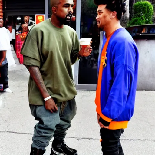 Prompt: kanye west having an argument with goku outside an applebee's, photo, realistic, paparazzi photo, 4 k, photo real