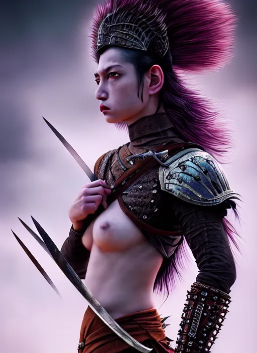 Image similar to a fierce young warrior woman moments before battle, diffuse lighting, fantasy, intricate, elegant, highly detailed, archillect, lifelike, Rebel, photorealistic, digital painting, artstation, punks, illustration, concept art, smooth, kinemacolor, sharp focus, artgerm, by John Collier and Albert Aublet and Leonardo da vinci and Krenz Cushart and Artem Demura and Alphonse Mucha