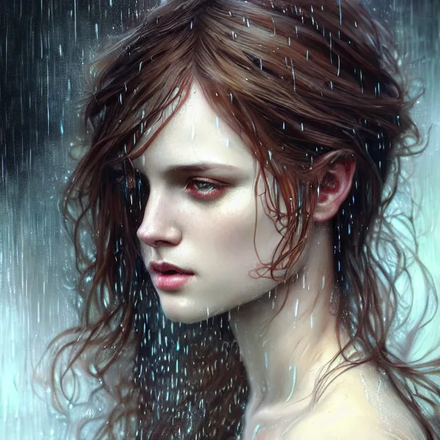 Image similar to bright portrait rain on face and wet hair, overhead lighting, fantasy, intricate, elegant, dramatic lighting, highly detailed, lifelike, photorealistic, digital painting, artstation, illustration, concept art, smooth, sharp focus, art by John Collier and Albert Aublet and Krenz Cushart and Artem Demura and Alphonse Mucha