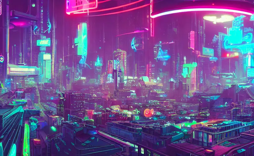 Prompt: Wide angle shot of a cyberpunk city with neon lights and holographic fishes floating in the sky by Petros Afshar and Beeple, James Gilleard, Mark Ryden, Wolfgang Lettl highly detailed