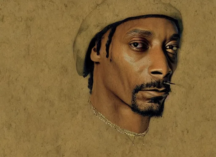 Image similar to a very high resolution image from a new movie, snoop dogg. drawn by leonardo da vinci. mountains, directed by wes anderson