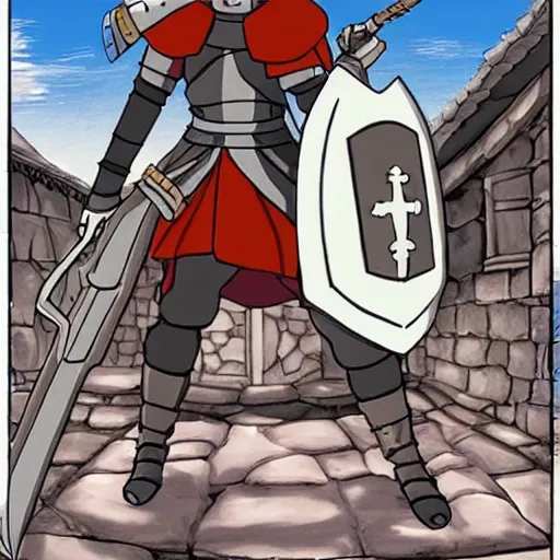 Image similar to a medieval anime knight in the style of studio ghibli