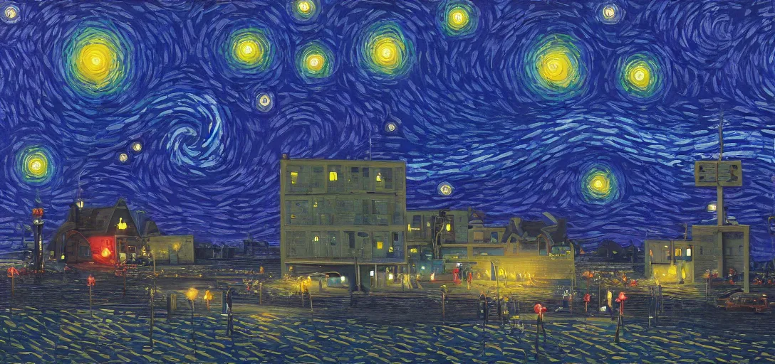 Image similar to Starry Night in a city, painting by Simon Stalenhag