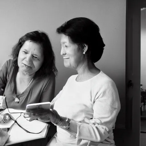 Prompt: a woman showing her mother how ai works, professional photo, 3 5 mm