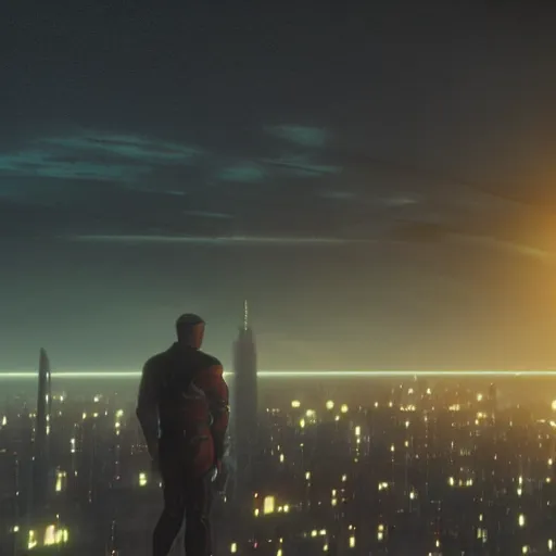 Image similar to Still of Captain Falcon watching a city skyline sunset in the movie Blade Runner, cinematic lighting, 4k