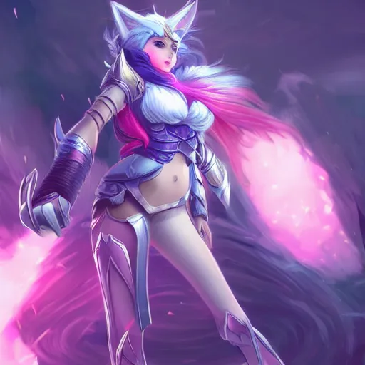 Image similar to Ahri from league of legends wearing knight armor, digital art, smooth lines, high res, amazing composition, splash art