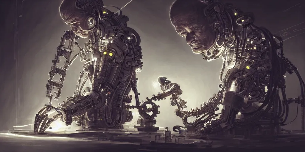 Image similar to hyperrealistic photography of a cyborg priest constructing a religious machine in the style of Jin Kagetsu, James Jean and wlop, highly detailed, masterpiece, award-winning, sharp focus, intricate concept art, ambient lighting, 8k, artstation