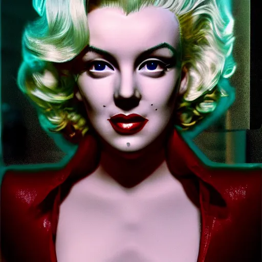 Image similar to a robot with the face of marilyn monroe, cyberpunk photo, award winning portrait, uncanny valley, dramatic lighting, detailed face, sharp focus, cinestill 8 0 0 t, sci fi book cover