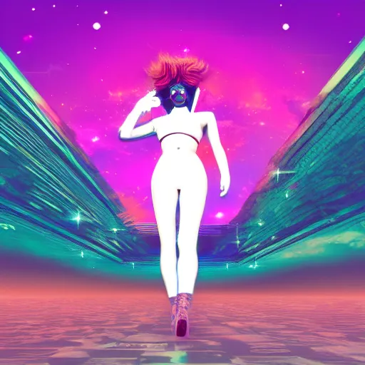 Image similar to A wide angle shot from below of a feminine body walking with swagger towards camera on mars in an infinite universe , synthwave digital art