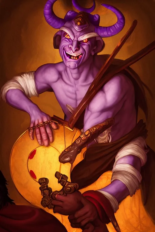 Prompt: tiefling bard with white horns on his head, purple skin, red glowing eyes, he is playing a happy song. the background is a friendly tavern. dungeons and dragons, highly detailed, digital painting, artstation, concept art, sharp focus, illustration, art by Leonardo da Vinci and Michelangelo and Botticelli