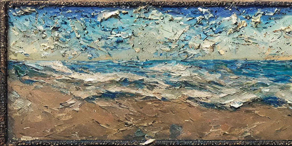 Prompt: oil paint impasto relief, beautiful italian beach scene, rough sea, multi layered thick brush marks, some splattered paint, in the style of ivan shishkin and frank auerbach and van gogh