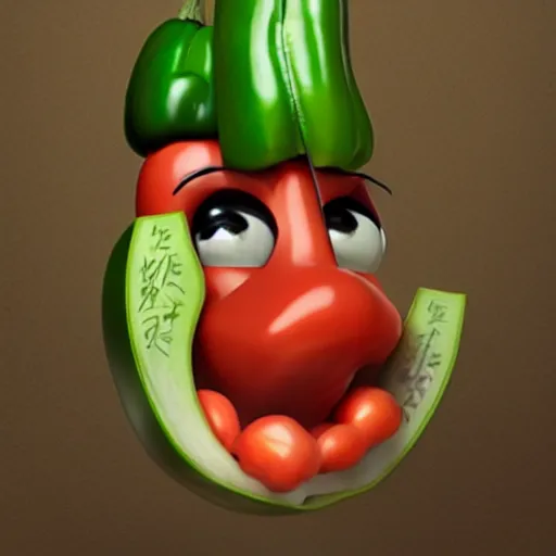 Image similar to a cartoon character with a green pepper in his mouth, a character portrait by weiwei, cgsociety, sots art, official art, art, character,