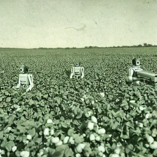 Image similar to robots working in the cotton field , 1824 , old photograph , 4k , HD