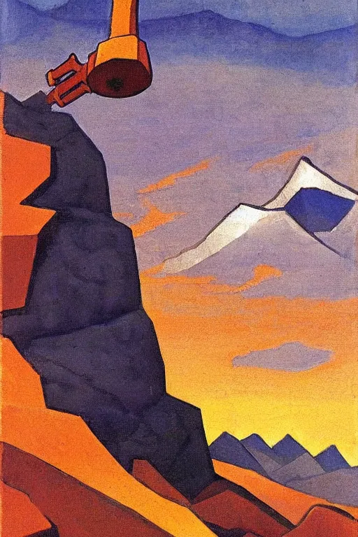 Image similar to thor holding the hammer, stay on mountain, marvel, artwork by nicholas roerich,