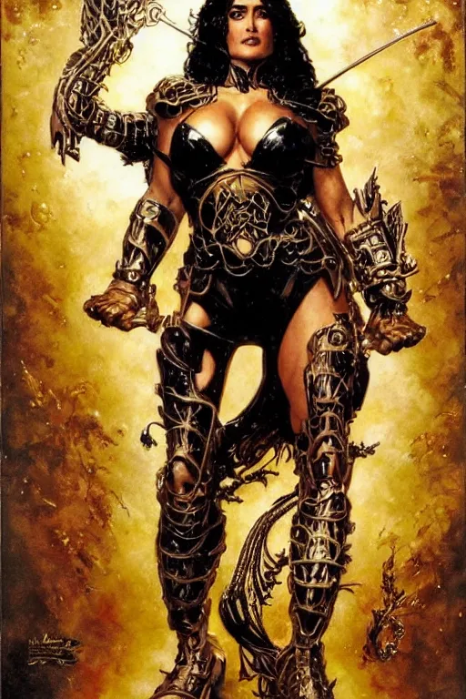 Image similar to muscular beautiful salma hayek wearing gold and black armor tombow artwork greg staples , dug stanat, norman rockwell , christophe young eytan zana , rumiko takahashi