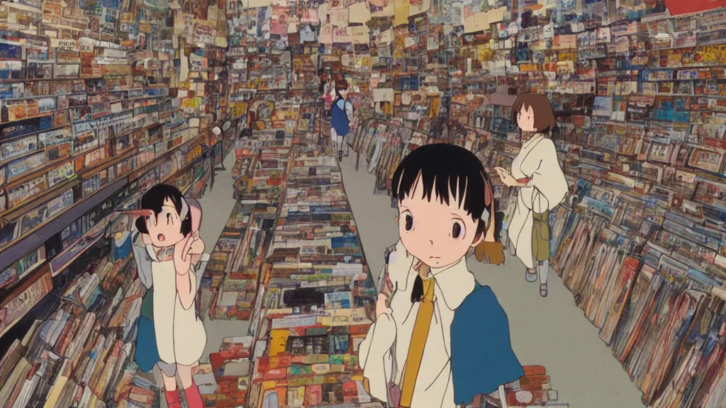 Prompt: a girl in a record store, art by hayao miyazaki, studio ghibli film screenshot