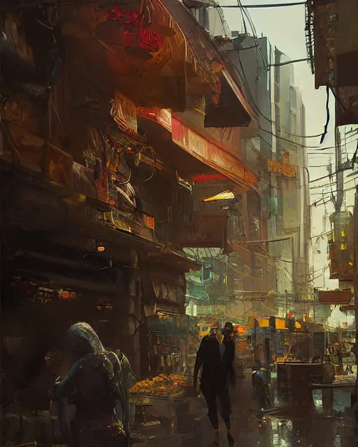 Image similar to a highly detailed epic cinematic concept art CG render digital painting artwork: cyberpunk street market. By Greg Rutkowski, in the style of Francis Bacon and Syd Mead and Norman Rockwell and Beksinski, open ceiling, highly detailed, painted by Francis Bacon and Edward Hopper, painted by James Gilleard, surrealism, airbrush, Ilya Kuvshinov, WLOP, Stanley Artgerm, very coherent, triadic color scheme, art by Takato Yamamoto and James Jean