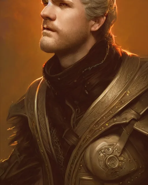 Prompt: white male rogue bard portrait | highly detailed | very intricate | symmetrical | cinematic lighting | award - winning | closeup portrait | painted by donato giancola and mandy jurgens and charlie bowater | featured on artstation