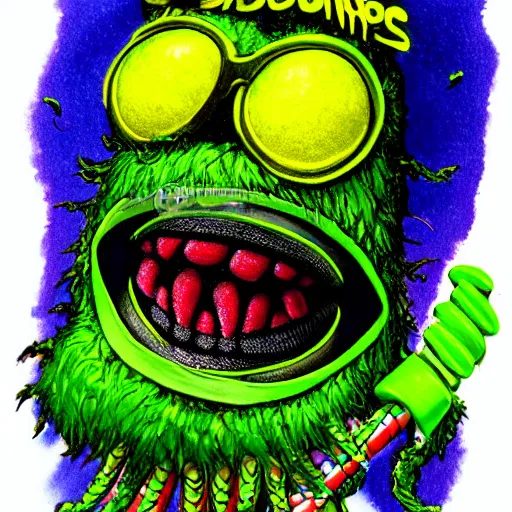 Prompt: a snoop dogg wearing sun glasses tennis ball monster, wearing blue, snoop dogg tennis ball head, tennis ball monster, smoking, smoke, ganja, weed, marijuana, monster teeth, colorful, chalk digital art, fantasy, magic, chalk, trending on artstation, ultra detailed, professional illustration by basil gogos