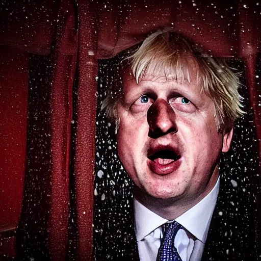 Prompt: photo of the inside of a dark old rainy bedroom window at night with the curtains pulled back, dimly lit creepy | screaming face of boris johnson staring in and pressing his bloody face and hands against the window, horror, scary face, demonic face,