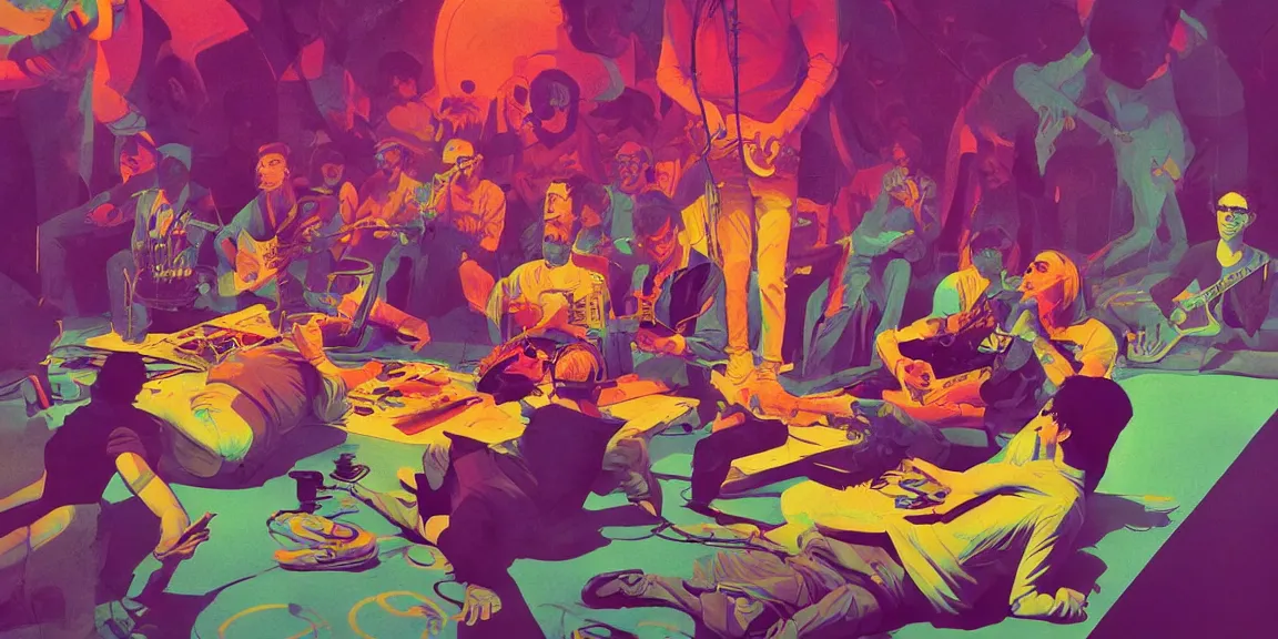 Image similar to duotone trippy 1 9 6 0 s lsd concept illustration of the grateful dead on stage. volumetric lighting. golden ratio accidental renaissance. by sachin teng and sergey kolesov and ruan jia and heng z. graffiti art, scifi, fantasy, hyper detailed. octane render. concept art. trending on artstation.