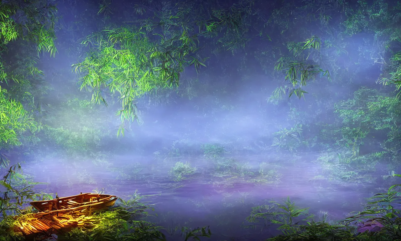 Prompt: a dreamy and vibrant enchanting jungle river, with one small bamboo boat in the middle of the river, moonlit night dreamy atmosphere, highly detailed twigs and plants in the forest, bioluminiscent butterflies in the fog in a bokeh background, deep colors, photorealistic digital arts, cinematic, smooth, artstation, 8K