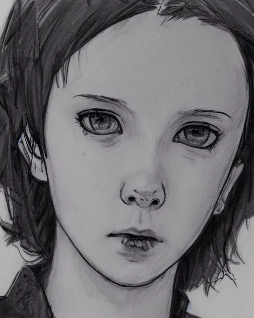 Prompt: pen sketch of worried millie bobby brown with short hair by yoji shinkawa