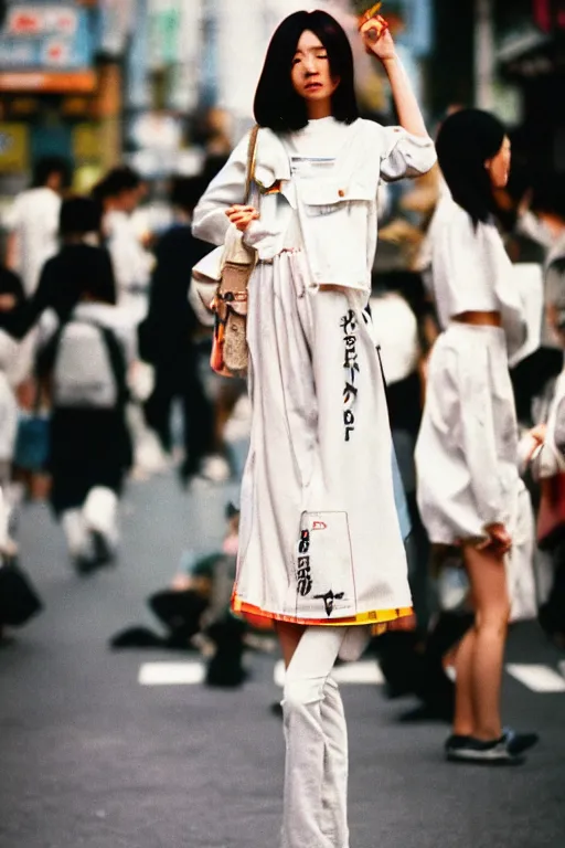 Image similar to a street fashion photograph of a young japanese woman in 9 0 s fashion, standing upright full - body shot, in tokyo akihabara, shot on cinestill 5 0 d with a canon 3 5 mm at f / 5. 6 lens, print magazine, photorealistic, nineties nostalgia, 4 k