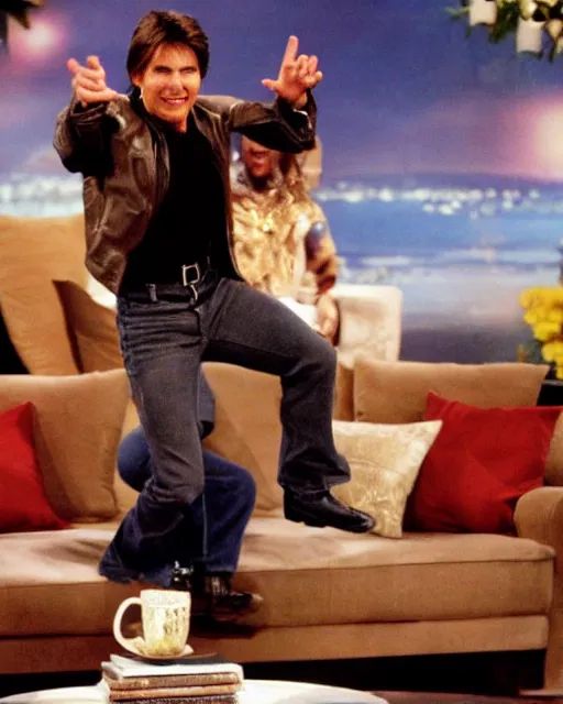 Prompt: tom cruise, dressed as maverick, jumps on oprah's couch during an episode of the oprah winfrey show while wearing a jet pack, hyperreal