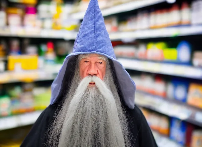 Prompt: photo of Gandalf wearing wizard hat, stacking supermarket shelves, depressing, sad, 85mm f1.8