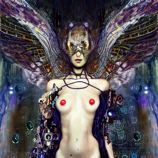 Prompt: winged cyberpunk demoness trapped in circuitry, intricate detail, miro, royo, whealan, klimt,