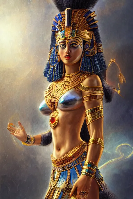 Prompt: maat, egyptian goddess of chaos, beautiful jewlery adorns her lsleek body, close - up portrait, powerfull, intricate, elegant, volumetric lighting, scenery, digital painting, highly detailed, artstation, sharp focus, illustration, concept art, ruan jia, steve mccurry